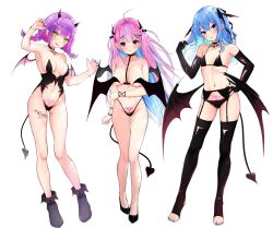 Rule 34 | 3girls, ahoge, alternate costume, aqua hair, armpits, bikini, black choker, black footwear, black gloves, black leotard, black nails, black panties, black thighhighs, blue eyes, blue hair, blush, bracelet, braid, breasts, buttons, choker, claw pose, clothing cutout, colored inner hair, commentary request, covering nipples, covering privates, demon girl, demon horns, demon tail, demon wings, double-breasted, double-parted bangs, elbow gloves, ex idol, feet, flat chest, full body, gloves, glowing tattoo, green eyes, hair between eyes, hair ornament, hands up, head wings, heart, heart choker, heart hair ornament, highres, hololive, horns, hoshimachi suisei, jewelry, large breasts, leg tattoo, legs, leotard, long hair, looking at viewer, low twin braids, low wings, medium breasts, minato aqua, multicolored hair, multiple girls, nail polish, navel, navel cutout, no shoes, panties, pubic tattoo, purple eyes, purple hair, revealing clothes, simple background, stirrup legwear, streaked hair, swimsuit, tail, tattoo, thighhighs, thighs, toeless legwear, toenail polish, toenails, toes, tokoyami towa, tongue, tongue out, twin braids, two-tone hair, underwear, virtual youtuber, white background, wings, x hair ornament