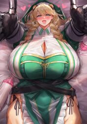 Rule 34 | 1girl, animal ears, apron, bear ears, bed, blonde hair, blush, bottle, breasts, bursting breasts, button gap, dot nose, dress, earrings, eyelashes, female focus, frigga (last origin), gauntlets, green apron, green eyes, half-closed eyes, happy, heart, huge breasts, incoming hug, jewelry, last origin, looking at viewer, lying, milk, milk bottle, mole, mole under mouth, on bed, open mouth, pale skin, popoyozirou, sidelocks, smile, solo, taut clothes, taut dress, thick thighs, thighs, twintails, white dress, wide hips