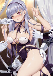 Rule 34 | 1girl, arms up, azur lane, bare shoulders, black jacket, blunt bangs, blush, breasts, commentary request, criss-cross halter, dido (anxious bisque doll) (azur lane), dido (azur lane), disembodied limb, dress, gloves, hairband, halter dress, halterneck, hands on another&#039;s thigh, headband, jacket, large breasts, long dress, multiple hands, naha78, one eye closed, open mouth, pink eyes, purple dress, purple hairband, purple headband, silver hair, thighs, white gloves