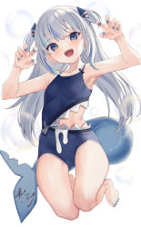Rule 34 | 1girl, barefoot, blue eyes, blue hair, blue one-piece swimsuit, blunt bangs, casual one-piece swimsuit, curled fingers, fins, fish tail, gawr gura, grey hair, hair ornament, highres, hololive, hololive english, kanae (inorin05kanae), looking at viewer, medium hair, multicolored hair, nail polish, one-piece swimsuit, shark girl, shark hair ornament, shark tail, sharp teeth, solo, streaked hair, swimsuit, tail, teeth, two side up, virtual youtuber, white hair