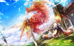 Rule 34 | bahamut lagoon, blonde hair, blue sky, bracer, byuu, cape, cloud, day, dragon, grass, highres, house, leaf, looking at another, male focus, outdoors, planted sword, planted, red cape, salamando, sitting, sky, solo, sword, touka (jue), weapon, wind