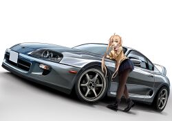 Rule 34 | 1girl, 3books, absurdres, ahoge, black footwear, blonde hair, blue skirt, brown pantyhose, car, cardigan, grey car, highres, kantai collection, leaning on object, long hair, motor vehicle, murasame (kancolle), pantyhose, skirt, solo, spoiler (automobile), toyota supra, twintails, vehicle focus, yellow cardigan, yellow eyes