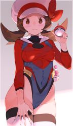 Rule 34 | 1girl, adapted costume, blush, bow, breasts, brown eyes, brown hair, cabbie hat, closed mouth, commentary request, covered erect nipples, creatures (company), from below, game freak, hand on own thigh, hand up, hat, hat bow, highleg, highleg leotard, holding, holding poke ball, leotard, long hair, looking at viewer, lyra (pokemon), multicolored leotard, nervous smile, nintendo, poke ball, poke ball (basic), pokegear, pokemon, pokemon hgss, red bow, skindentation, smile, solo, spring2013, sweat, thighhighs, twintails, white hat, white thighhighs