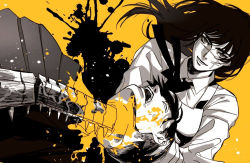 Rule 34 | 1boy, 1girl, bad id, bad pixiv id, black hair, black ribbon, chainsaw man, collared shirt, cross scar, facial scar, greyscale with colored background, holding, holding weapon, long hair, looking at viewer, monochrome, open mouth, ribbon, scar, scar on cheek, scar on face, severed head, shirt, simple background, solo focus, spine, splatter, spot color, tanaka (chainsaw man), user cpvu8843, weapon, white shirt, yellow background, yellow theme, yoru (chainsaw man)