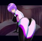 Rule 34 | 1girl, 3d, animated, artificial academy 2, ass, ass shake, ayane (doa), bed, bent over, bodysuit, breasts, covered erect nipples, female focus, from behind, hair ornament, hairband, indoors, interior, large breasts, looking at viewer, looking back, naughty face, pillow, presenting, purple hair, red eyes, short hair, skin tight, smile, solo, thighs, video