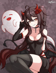Rule 34 | 1girl, absurdres, alternate costume, artist name, bare shoulders, black choker, black dress, black gloves, black thighhighs, black wings, boo tao (genshin impact), breasts, brown hair, chain, choker, claw pose, cleavage, clothing cutout, demon girl, demon horns, demon tail, demon wings, dress, elbow gloves, feet out of frame, floral background, flower, flower-shaped pupils, genshin impact, ghost, gloves, gradient hair, grin, hair flower, hair ornament, highres, horns, hu tao (genshin impact), jay flare, long hair, looking at viewer, low wings, medium breasts, multicolored hair, partially fingerless gloves, plum blossoms, red eyes, red flower, skindentation, sleeveless, sleeveless dress, smile, solo, symbol-shaped pupils, tail, teeth, thighhighs, thighs, twintails, very long hair, wings