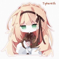 Rule 34 | 1girl, blonde hair, bow, bowtie, brown bow, brown bowtie, brown capelet, brown hairband, brown ribbon, capelet, chibi, closed mouth, expressionless, hair ribbon, hairband, lemonail, lobotomy corporation, long hair, long sleeves, looking at viewer, project moon, puffy long sleeves, puffy sleeves, ribbon, shirt, simple background, solo, tiphereth a (project moon), very long hair, white background, white shirt