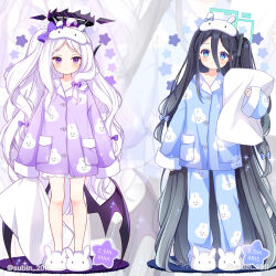 Rule 34 | 2girls, absurdly long hair, aris (blue archive), black hair, black horns, blue archive, blue eyes, blue pajamas, blush, closed mouth, demon horns, demon wings, full body, green halo, halo, hina (blue archive), horns, long hair, multiple girls, one side up, pajamas, pillow, purple eyes, purple pajamas, purple wings, sleeves past fingers, sleeves past wrists, slippers, subin (subin 2011), twitter username, very long hair, white hair, wings, zoom layer