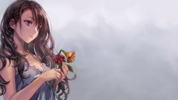 Rule 34 | 1girl, absurdres, bare shoulders, braid, breasts, brown hair, camisole, closed mouth, eyelashes, fingernails, flower, flower ring, frilled camisole, frills, grey background, hair behind ear, highres, holding, holding flower, jewelry, long hair, looking away, medium breasts, momoko (momopoco), necklace, original, purple eyes, red flower, ribbon, ribbon-trimmed clothes, ribbon trim, ring, side braid, single braid, sleeveless, solo, spaghetti strap, third-party edit, upper body, wavy hair, white ribbon, yellow flower