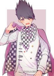 Rule 34 | 1boy, artist name, black hair, blush, buttons, checkered clothes, checkered scarf, commentary, cosplay, cowboy shot, danganronpa (series), danganronpa v3: killing harmony, double-breasted, english commentary, facial hair, goatee, hakamii, hand up, highres, holding, jacket, jacket on shoulders, long sleeves, looking at viewer, male focus, momota kaito, oma kokichi, oma kokichi (cosplay), open mouth, pants, pink background, pink jacket, scarf, solo, spiked hair, straitjacket, white background, white jacket, white pants