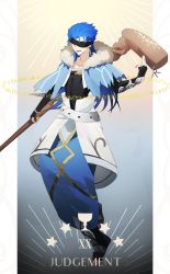 Rule 34 | 1boy, absurdres, blue cape, blue hair, cape, capelet, casting spell, commentary request, cu chulainn (caster) (fate), cu chulainn (fate), earrings, eyepatch, fate/grand order, fate (series), full body, fur-trimmed hood, fur trim, gloves, highres, holding, hood, hooded capelet, jewelry, judgement (tarot), long hair, looking at viewer, male focus, ninjin (ne f g o), official alternate costume, red eyes, runes, smile, solo, spiked hair, staff, star (symbol), tarot, tarot (medium), text background, wooden staff