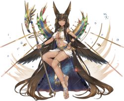 Rule 34 | 1girl, absurdly long hair, animal ear fluff, animal ears, ankh, ark order, barefoot, barefoot sandals (jewelry), black cape, black wings, bracelet, breast curtains, breasts, brown hair, cape, chain, dark-skinned female, dark skin, ear piercing, earrings, feathered wings, fox ears, gold, gold chain, hair ornament, holding, holding staff, holding whip, invisible chair, jewelry, large breasts, leg tattoo, long hair, looking at viewer, maya g, navel, necklace, official art, pelvic curtain, piercing, pubic tattoo, set (ark order), sideboob, sidelocks, sitting, solo, space print, staff, starry sky print, tachi-e, tattoo, thighlet, transparent background, very long hair, water, whip, wings, yellow eyes