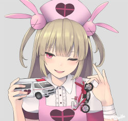 Rule 34 | 1girl, ;d, ambulance, artist name, bad id, bad pixiv id, bandaged arm, bandages, blush, brown hair, buttons, collared shirt, commentary request, frilled shirt, frills, grey background, hair ornament, hands up, hat, head tilt, heart, highres, holding, holding toy, long hair, looking at viewer, motor vehicle, motorcycle, natori sana, nurse cap, one eye closed, open mouth, pink eyes, rabbit hair ornament, retorillo, sana channel, shirt, short sleeves, simple background, smile, smug, solo, toy, toy car, two side up, upper body, virtual youtuber, white shirt