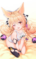 Rule 34 | 1girl, 7eddy, alternate hairstyle, animal ears, arm strap, between legs, blonde hair, blush, braid, breasts, character name, checkered ribbon, collarbone, fang, fox ears, g41 (beach punk 2064) (girls&#039; frontline), g41 (girls&#039; frontline), girls&#039; frontline, hair between eyes, hair ornament, hair ribbon, hand between legs, heterochromia, highres, leaning forward, long hair, looking at viewer, name tag, official alternate costume, old school swimsuit, on bed, one-piece swimsuit, one eye closed, open mouth, purple ribbon, red eyes, ribbon, school swimsuit, see-through, seiza, shiny skin, side braid, single thighhigh, sitting, small breasts, smile, solo, swimsuit, thighhighs, thighs, twintails, very long hair, white one-piece swimsuit, white school swimsuit