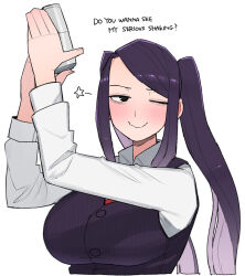 Rule 34 | 1girl, alternate breast size, bartender, black vest, blush, cocktail shaker, collared shirt, jill stingray, long hair, long sleeves, necktie, ohasi, one eye closed, purple hair, red eyes, red necktie, shirt, solo, twintails, va-11 hall-a, vest