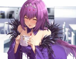 Rule 34 | 1girl, bare shoulders, breasts, cleavage, closed eyes, coffee mug, cup, detached collar, dress, fate/grand order, fate (series), feather trim, hair between eyes, highres, hot drink, jewelry, large breasts, long hair, long sleeves, mug, nanaku teiru, pendant, purple dress, purple hair, scathach (fate), scathach skadi (fate), solo, tiara, tongue, tongue out