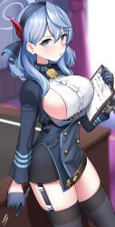 Rule 34 | 1girl, ako (blue archive), black hairband, black skirt, black thighhighs, blue archive, blue eyes, blue gloves, blue hair, blue halo, blue jacket, blush, breasts, gloves, hair between eyes, hairband, halo, highres, holding, holding pen, jacket, large breasts, long hair, long sleeves, looking at viewer, nichijo, parted lips, pen, shirt, sideboob, signature, skirt, solo, thighhighs, white shirt
