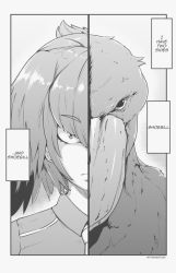 Rule 34 | 1girl, bird, commentary, creature and personification, english commentary, english text, feather hair, greyscale, jitome, kemono friends, medium hair, monochrome, necktie, shoebill, shoebill (kemono friends), solo, twitter username, tyrone