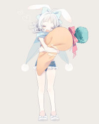 Rule 34 | 1girl, amezawa koma, animal ears, antenna hair, bad id, bad pixiv id, blush, bow, carrot, closed eyes, frills, full body, hair bow, heart, hug, legs, open mouth, original, polka dot, rabbit ears, rabbit girl, shoes, silver hair, simple background, solo, standing, swimsuit, themed object