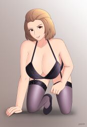 Rule 34 | 1girl, absurdres, all fours, artist name, bare shoulders, bent over, black bra, black footwear, black garter belt, black garter straps, black panties, black thighhighs, bra, breasts, brown eyes, brown hair, cleavage, collarbone, eyeshadow, female focus, fire emblem, fire emblem: three houses, garter belt, garter straps, grey background, hand on own thigh, high heels, highres, intelligent systems, lackatask, large breasts, lips, lipstick, makeup, manuela casagranda, mole, nintendo, panties, pink eyeshadow, pink lips, png conversion, shadow, shiny clothes, shiny skin, short hair, solo, teeth, thick thighs, thighhighs, thighs, underwear, underwear only, wide hips
