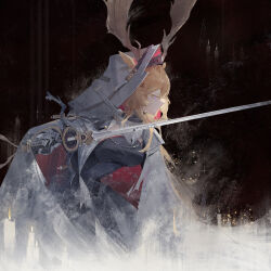 Rule 34 | 1girl, absurdres, animal ears, antlers, antlers through hood, arknights, black dress, blonde hair, breasts, candle, cape, chinese commentary, commentary request, deer antlers, deer ears, deer girl, dress, dust, ears through hood, from side, gauntlets, half-closed eyes, highres, holding, holding sword, holding weapon, hood, hooded cape, horns, long hair, medium breasts, ryougi shiki (19888096), solo, sword, upper body, viviana (arknights), weapon, white cape