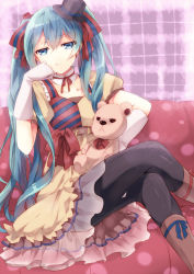 Rule 34 | 1girl, :t, aqua hair, black pantyhose, blue eyes, boots, crossed legs, dress, gloves, hair ribbon, hat, hatsune miku, head rest, highres, long hair, looking at viewer, maruki (punchiki), pantyhose, ribbon, sitting, solo, stuffed animal, stuffed toy, teddy bear, top hat, twintails, very long hair, vocaloid, white gloves