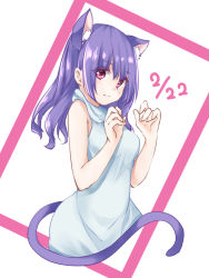 Rule 34 | 1girl, animal ears, bare arms, bare shoulders, blush, cat day, cat ears, cat girl, cat tail, closed mouth, commentary request, dated, dress, eyes visible through hair, framed, hair between eyes, highres, hime mia, long hair, looking at viewer, original, purple hair, red eyes, simple background, sleeveless, sleeveless dress, smile, solo, tail, turtleneck, turtleneck dress, upper body, wavy hair, white background, white dress