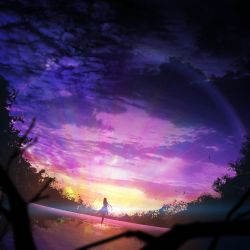 Rule 34 | 1girl, blurry, blurry foreground, commentary request, depth of field, dutch angle, forest, lake, long hair, nature, original, purple sky, ripples, scenery, silhouette, sky, solo, sunlight, sunset, walking, walking on liquid, zennmai siki