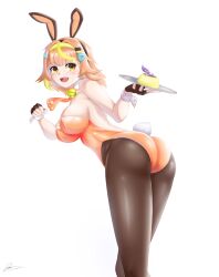Rule 34 | 1girl, absurdres, akatsuki banmai, animal ears, ass, blonde hair, breasts, cleavage, fake animal ears, fake tail, highres, hitatsuphat, large breasts, leotard, looking at viewer, medium hair, nijigen project, playboy bunny, rabbit tail, signature, tail, tray, vietnamese commentary, virtual youtuber, white background, yellow eyes