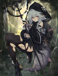 Rule 34 | 2girls, arknights, bare shoulders, black footwear, black legwear, boots, crocodilian tail, gavial (arknights), highres, holding, holding staff, hood, long sleeves, multiple girls, pointy ears, silver hair, solo, solo focus, staff, tail, thighs, tomimi (arknights), torn clothes, torn legwear, ya kexi, yellow eyes