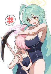 Rule 34 | 2girls, absurdres, abydos high school swimsuit, ahoge, anger vein, bandaid, bandaid on arm, bare arms, black one-piece swimsuit, blue archive, blush, breast smother, breasts, face to breasts, green hair, halo, height difference, highres, holding, holding pickaxe, hoshino (blue archive), je o mo, large breasts, long hair, looking at another, multiple girls, one-piece swimsuit, open mouth, pickaxe, pink hair, pink halo, short hair, simple background, smile, spoken anger vein, swimsuit, very long hair, white background, yellow eyes, yellow halo, yume (blue archive)