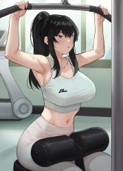 Rule 34 | 1girl, armpits, arms up, banned artist, bare shoulders, black hair, blue eyes, blush, breasts, cleavage, collarbone, commentary, english commentary, exercising, gym, high ponytail, indoors, jagaimo (kkamja), large breasts, midriff, navel, original, pants, ponytail, sidelocks, sitting, solo, sports bra, sweat, treadmill, weight machine, white pants, window, yoga pants, yoo sena (jagaimo (kkamja))