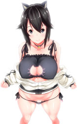 Rule 34 | 10s, 1girl, animal ears, bare shoulders, bell, neck bell, neck bell, black bra, black hair, black panties, blush, bra, breasts, bright background, cat cutout, cat ear panties, cat ears, cat lingerie, choker, cleavage, cleavage cutout, clothing cutout, collar, collarbone, fake animal ears, hair between eyes, hayasui (kancolle), jacket, jingle bell, kantai collection, kuon (break through), large breasts, long sleeves, looking at viewer, meme attire, navel, open clothes, open jacket, panties, purple eyes, side-tie panties, silver hair, simple background, smile, solo, standing, stomach, underwear, white background