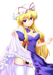 Rule 34 | 1girl, bad id, bad pixiv id, bare shoulders, blonde hair, breasts, cleavage, clothes lift, female focus, hat, highres, inu3, long hair, panties, purple eyes, skirt, skirt lift, solo, thighhighs, touhou, underwear, white background, white thighhighs, yakumo yukari