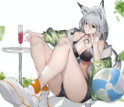 Rule 34 | 1girl, absurdres, ahoge, alternate costume, animal ears, aqua eyes, ball, bare legs, beachball, bikini, bikini top only, black bikini, black shorts, blush, braid, breasts, cleavage, closed mouth, cup, drinking glass, earrings, fox ears, fox girl, fox tail, full body, green jacket, hair between eyes, highres, hololive, jacket, jewelry, large breasts, long hair, looking at viewer, midriff, o-ring, off shoulder, open clothes, open jacket, pentagram, ponytail, pout, shirakami fubuki, shoes, short shorts, shorts, side braid, silver hair, simple background, sitting, sneakers, solo, swimsuit, table, tail, thighs, virtual youtuber, white background, white footwear, wine glass, yakihoko