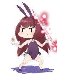 Rule 34 | 1girl, absurdres, animal ears, bare shoulders, black footwear, blush, bow, bowtie, brown hair, chibi, fake animal ears, fate/grand order, fate (series), flower, glowing, hair intakes, hairband, highres, holding, i.u.y, leotard, long hair, looking away, looking to the side, official alternate costume, parted lips, playboy bunny, purple bow, purple bowtie, purple flower, purple hairband, purple leotard, purple rose, rabbit ears, rose, scathach (fate), scathach (piercing bunny) (fate), shoes, solo, standing, strapless, strapless leotard, v-shaped eyebrows, very long hair, wrist cuffs