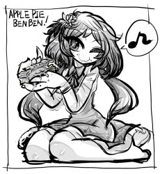 Rule 34 | 1girl, dress, eating, english text, flower, food, greyscale, hair flower, hair ornament, long hair, monochrome, musical note, one eye closed, pie, quaver, see-through, seiza, sitting, smile, solo, speech bubble, spoken musical note, touhou, tsukumo benben, twintails, yt (wai-tei)