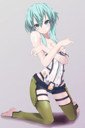 Rule 34 | 1girl, barefoot, blue eyes, blue hair, breasts, chaps, cum, cum on body, cum on clothes, facial, full body, highres, kneeling, long hair, looking at viewer, nipples, short hair, shorts, simple background, sinon, solo, sword art online
