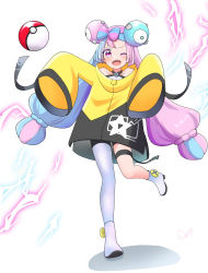 Rule 34 | 1girl, bow-shaped hair, character hair ornament, creatures (company), game freak, grey pantyhose, hair ornament, hexagon print, highres, iono (pokemon), jacket, long hair, low-tied long hair, multicolored hair, nintendo, oversized clothes, pantyhose, pokemon, pokemon sv, sharp teeth, single leg pantyhose, sleeves past fingers, sleeves past wrists, solo, split-color hair, teeth, very long sleeves, x, yellow jacket, yrge8743