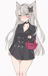 Rule 34 | 1girl, alternate costume, amatsukaze (kancolle), bag, black choker, black dress, black hairband, blush, brown eyes, buttons, chigasaki yukari, choker, commentary request, cowboy shot, double-breasted, dress, grey hair, hairband, highres, kantai collection, long hair, long sleeves, looking at viewer, short dress, simple background, solo, standing, two side up, white background