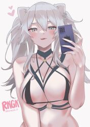 Rule 34 | 1girl, animal ears, areola slip, bare shoulders, bikini, black bikini, blush, breasts, cellphone, cleavage, collarbone, grey eyes, grey hair, hair between eyes, heart, hololive, large breasts, lion ears, lion girl, long hair, looking at viewer, o-ring, phone, shishiro botan, sidelocks, smile, solo, swimsuit, tinnies, tongue, tongue out, twintails, virtual youtuber