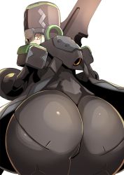 Rule 34 | 10s, 1girl, ass, ass focus, back, bad id, bad twitter id, darling in the franxx, female focus, from behind, genista (darling in the franxx), highres, hip focus, huge ass, humanoid robot, jetpack, looking at viewer, looking back, mecha, mecha musume, nuezou, robot, simple background, solo, thick thighs, thighs, weapon, white background, wide hips, yellow eyes