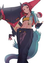 Rule 34 | 1girl, abs, absurdres, commentary, creatures (company), cropped jacket, dragapult, dreepy, english commentary, fingerless gloves, fingernails, flat chest, game freak, gen 8 pokemon, gloves, han soo-min (hanny), hand in pocket, hanny (uirusu chan), headband, highres, jacket, midriff, multicolored clothes, nintendo, open clothes, open jacket, original, pants, poke ball, poke ball (basic), pokemon, pokemon (creature), pokemon unite, red hair, short hair, sports bra, toned, track jacket, track pants, yellow sports bra
