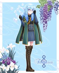 Rule 34 | 1girl, black gloves, blue background, blue eyes, blue hair, boots, brown footwear, copyright name, cross-laced footwear, ditb, flower, full body, glasses, gloves, grey skirt, hand up, highres, kunai, lily (flower), long hair, looking at viewer, pixiv fantasia, pixiv fantasia last saga, red-framed eyewear, robe, simple background, skirt, solo, standing, thigh boots, thighhighs, weapon