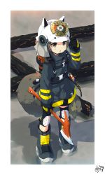 Rule 34 | 1girl, :o, absurdres, animal ears, animal ears helmet, arknights, axe, black footwear, black gloves, black jacket, blush, boots, brown eyes, brown hair, commentary request, fake animal ears, fire axe, fire helmet, firefighter, firefighter jacket, full body, gloves, hand up, highres, jacket, knee pads, kurotsuki schw, long sleeves, looking at viewer, parted lips, shaw (arknights), signature, sleeves past wrists, solo, squirrel tail, standing, tail, white headwear