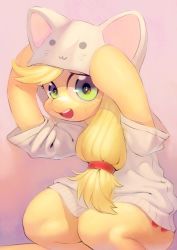 Rule 34 | 1girl, animal hood, applejack, blonde hair, furry, furry female, green eyes, highres, hip focus, hood, hoodie, inuki (aruurara), my little pony, my little pony: friendship is magic, no humans, open mouth, pink background, ponytail, ribbon, sitting, smile, solo, sweat, sweater, symbol-shaped pupils, thick thighs, thighs, wide hips