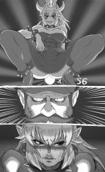 Rule 34 | 1boy, 1girl, armlet, bare shoulders, blush, bowsette, bracelet, breasts, cleavage, closed mouth, collar, comic, crown, dress, earrings, facial hair, greyscale, hat, highres, horns, jewelry, kouson q, long hair, looking at viewer, looking away, mario, mario (series), monochrome, mustache, new super mario bros. u deluxe, nintendo, pointy ears, ponytail, sharp teeth, silent comic, spiked armlet, spiked bracelet, spiked collar, spikes, squatting, staring, strapless, strapless dress, sweat, sweatdrop, teeth
