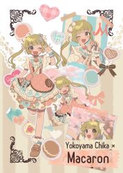 Rule 34 | 1girl, bag, blonde hair, blunt bangs, blush, bow, bowtie, brown footwear, character name, cherry blossoms, child, closed mouth, collar, detached sleeves, dress, english text, food, food-themed clothes, frilled collar, frilled dress, frills, hair ornament, hair ribbon, hand up, heart, highres, holding, holding food, idolmaster, idolmaster cinderella girls, long hair, macaron, monakocoa, one eye closed, open mouth, ribbon, short sleeves, shoulder bag, skirt hold, smile, socks, solo, solo focus, standing, standing on one leg, tape, tree, twintails, waving, wrist cuffs, yellow eyes, yokoyama chika