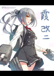 Rule 34 | &gt;:o, 10s, 1girl, :o, blush, bow, brown eyes, dress, hair bow, hair ribbon, huyukaaki, kantai collection, kasumi (kancolle), kasumi kai ni (kancolle), looking at viewer, machinery, open mouth, pinafore dress, pleated dress, pleated skirt, ribbon, school uniform, side ponytail, silver hair, skirt, sleeveless, sleeveless dress, solo, translation request, turret, twitter username, v-shaped eyebrows