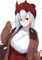 Rule 34 | 1girl, absurdres, bag, belt, beret, blush, breasts, brown coat, closed mouth, coat, fate/grand order, fate (series), hair between eyes, hat, highres, horns, large breasts, long hair, long sleeves, looking at viewer, nanakaku, oni horns, open clothes, open coat, red eyes, red hat, red skirt, shoulder bag, silver hair, skirt, smile, sweater, tomoe gozen (fate), turtleneck, turtleneck sweater, white sweater